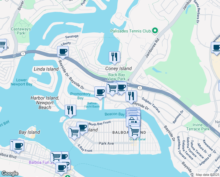 map of restaurants, bars, coffee shops, grocery stores, and more near 821 Promontory Drive East in Newport Beach