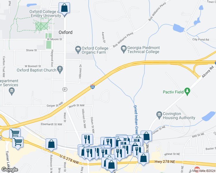 map of restaurants, bars, coffee shops, grocery stores, and more near 6234 Odum Circle Northwest in Covington