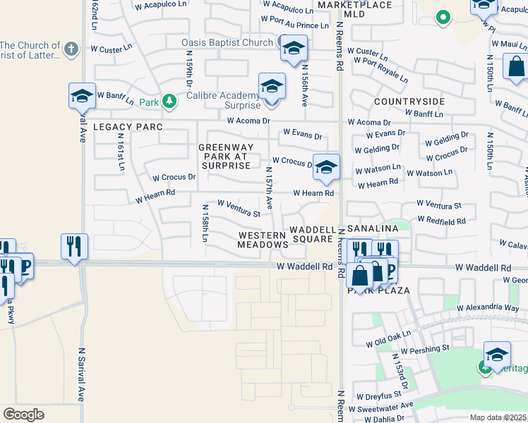 map of restaurants, bars, coffee shops, grocery stores, and more near 14040 North 156th Lane in Surprise
