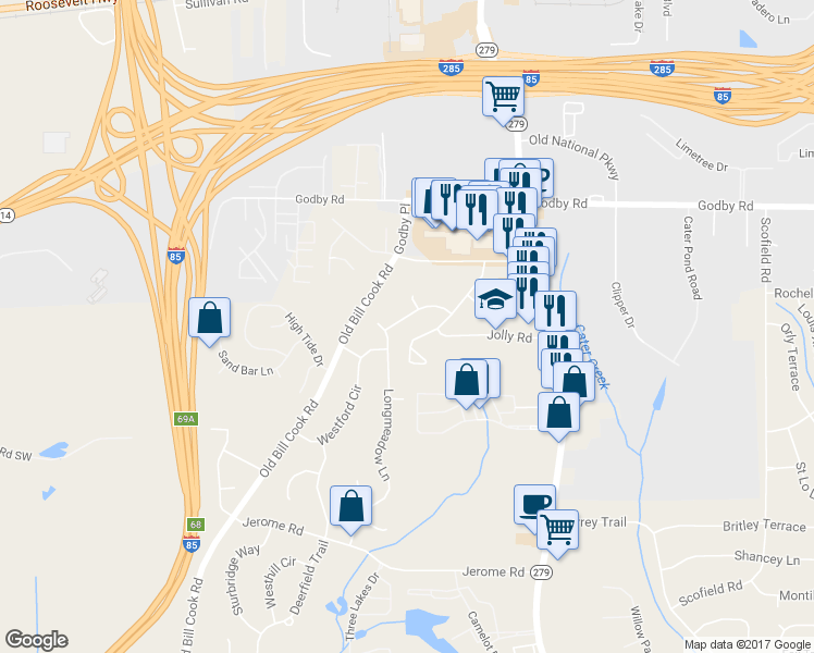 map of restaurants, bars, coffee shops, grocery stores, and more near 2700 Dunmoreland Terrace in College Park