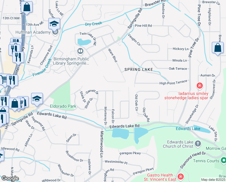 map of restaurants, bars, coffee shops, grocery stores, and more near 2401 Falcon Drive in Birmingham