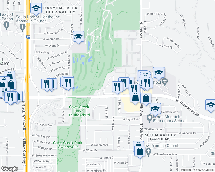 map of restaurants, bars, coffee shops, grocery stores, and more near 2140 West Thunderbird Road in Phoenix