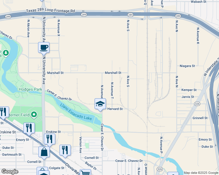 map of restaurants, bars, coffee shops, grocery stores, and more near 1115 North Avenue T in Lubbock