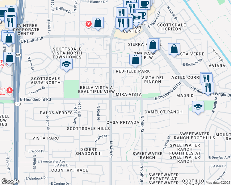map of restaurants, bars, coffee shops, grocery stores, and more near 9410 East Thunderbird Road in Scottsdale