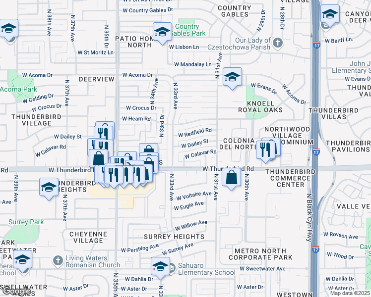 map of restaurants, bars, coffee shops, grocery stores, and more near 3216 West Calavar Road in Phoenix