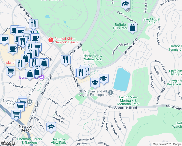 map of restaurants, bars, coffee shops, grocery stores, and more near 202 Harbor Woods Place in Newport Beach