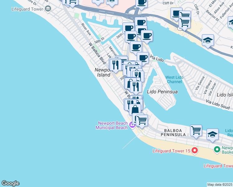 map of restaurants, bars, coffee shops, grocery stores, and more near 2808 West Oceanfront in Newport Beach