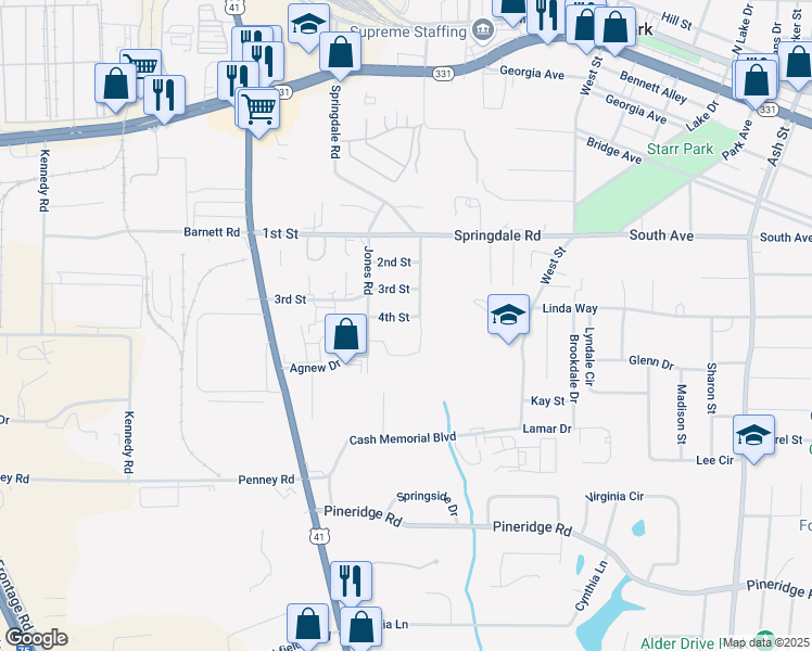 map of restaurants, bars, coffee shops, grocery stores, and more near 101 4th Street in Forest Park