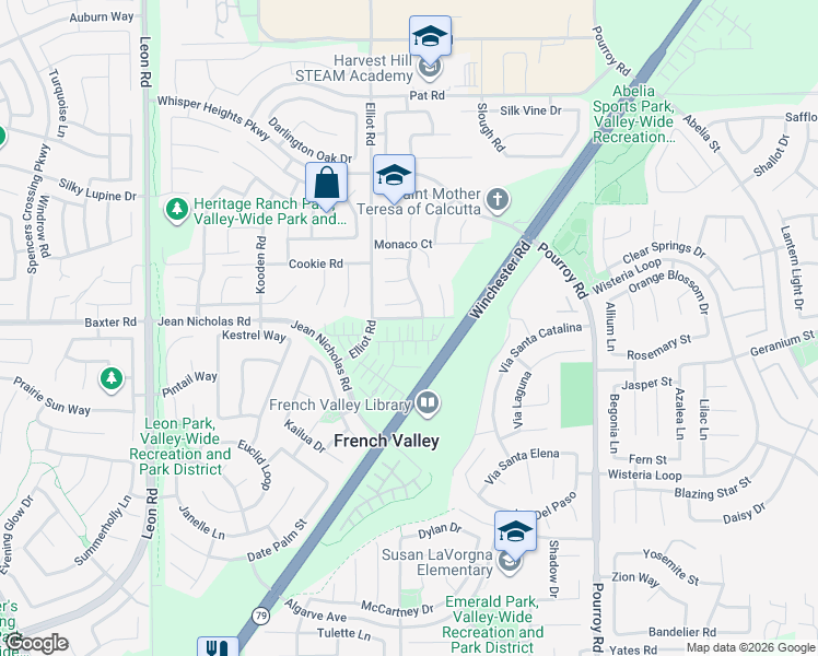 map of restaurants, bars, coffee shops, grocery stores, and more near 31614 Cobalite Drive in French Valley