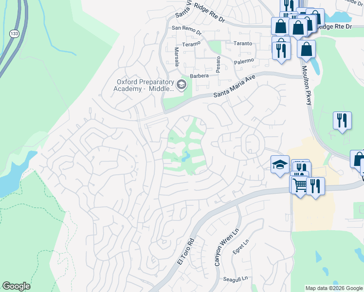 map of restaurants, bars, coffee shops, grocery stores, and more near 5510 Paseo Del Lago West in Laguna Woods