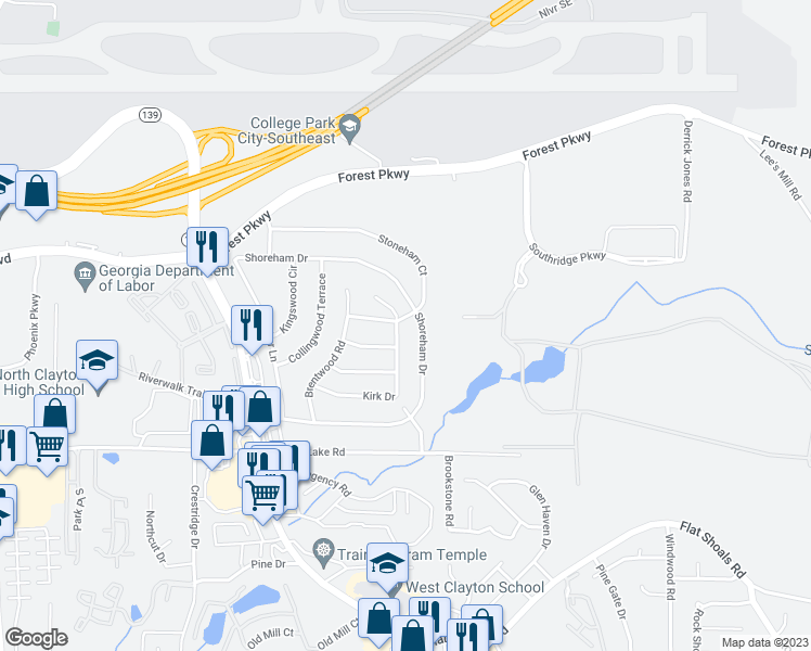 map of restaurants, bars, coffee shops, grocery stores, and more near 5250 Kirk Drive in Atlanta