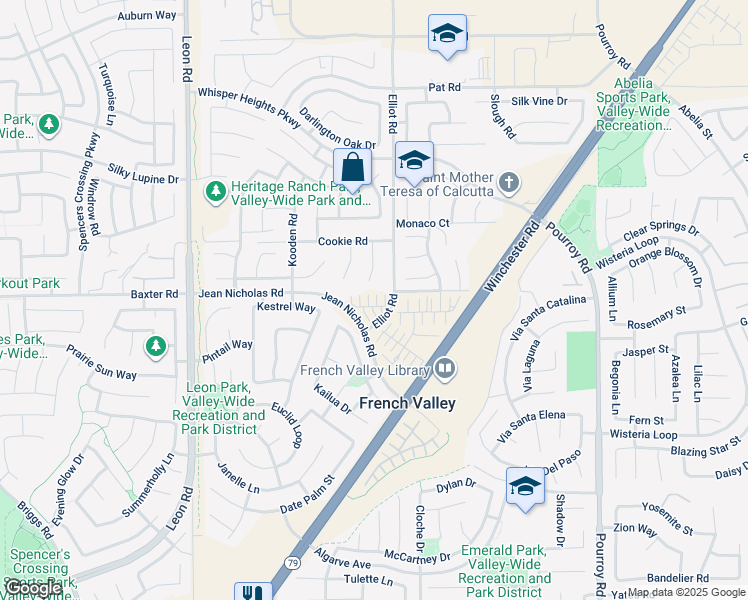 map of restaurants, bars, coffee shops, grocery stores, and more near 31458 Lolite Drive in Menifee