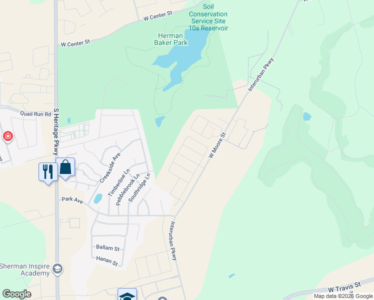 map of restaurants, bars, coffee shops, grocery stores, and more near 2105 West Moore Street in Sherman