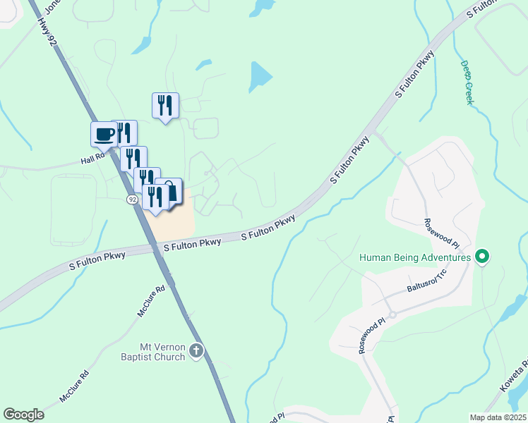 map of restaurants, bars, coffee shops, grocery stores, and more near 386 Village Lane in Fairburn