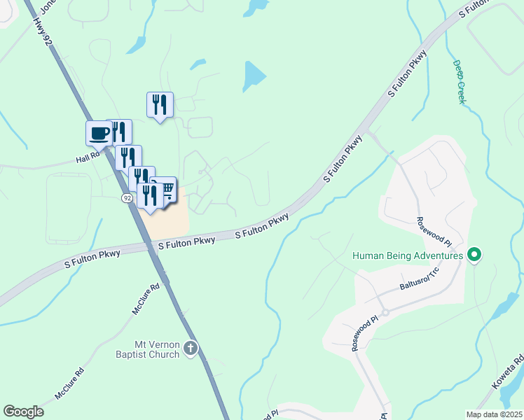 map of restaurants, bars, coffee shops, grocery stores, and more near 398 Village Lane in Fairburn