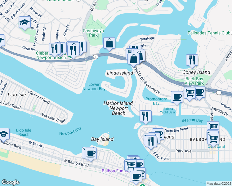 map of restaurants, bars, coffee shops, grocery stores, and more near 29 Linda Isle in Newport Beach