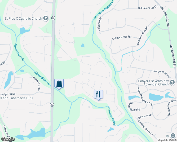 map of restaurants, bars, coffee shops, grocery stores, and more near 1423 Fall River Drive in Conyers
