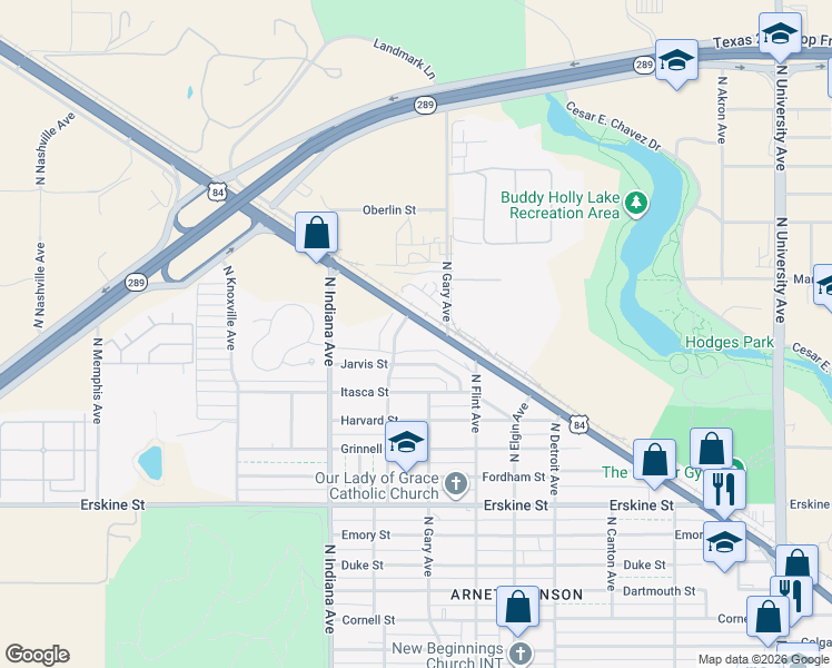 map of restaurants, bars, coffee shops, grocery stores, and more near 3107 Clovis Road in Lubbock