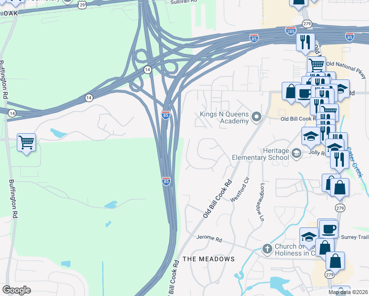 map of restaurants, bars, coffee shops, grocery stores, and more near 5384 Sand Bar Lane in College Park