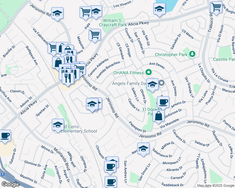 map of restaurants, bars, coffee shops, grocery stores, and more near 24121 El Tiradore Circle in Mission Viejo
