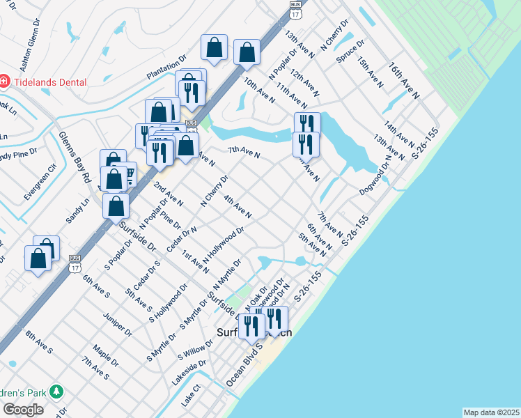 map of restaurants, bars, coffee shops, grocery stores, and more near 521 5th Avenue North in Myrtle Beach