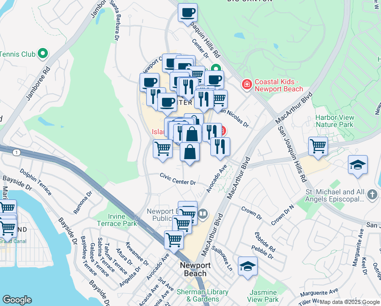 map of restaurants, bars, coffee shops, grocery stores, and more near 200 Newport Center Drive in Newport Beach