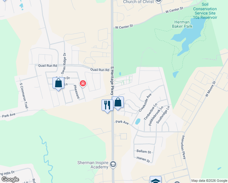 map of restaurants, bars, coffee shops, grocery stores, and more near 3726 Brookstone Drive in Sherman