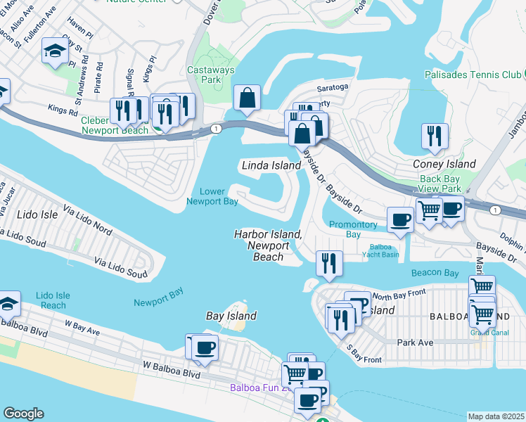 map of restaurants, bars, coffee shops, grocery stores, and more near 29 Linda Isle in Newport Beach