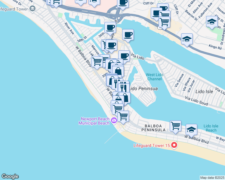 map of restaurants, bars, coffee shops, grocery stores, and more near 2727 Newport Boulevard in Newport Beach
