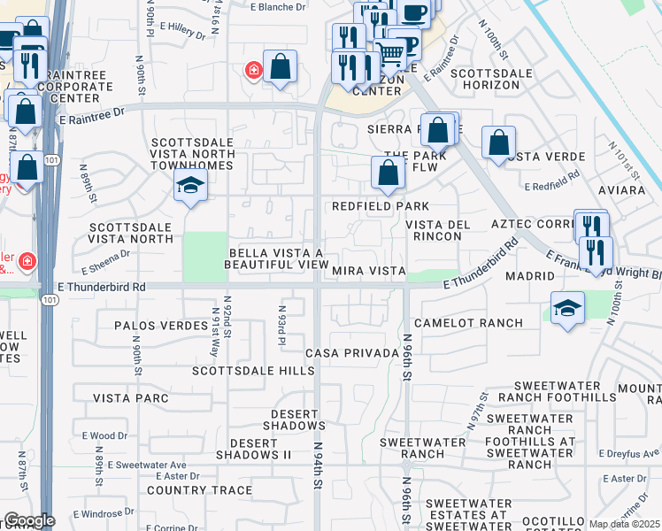 map of restaurants, bars, coffee shops, grocery stores, and more near 9410 East Thunderbird Road in Scottsdale