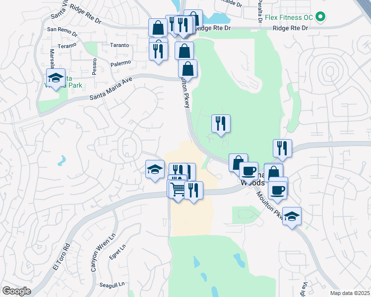 map of restaurants, bars, coffee shops, grocery stores, and more near 24111 Moulton Parkway in Laguna Woods