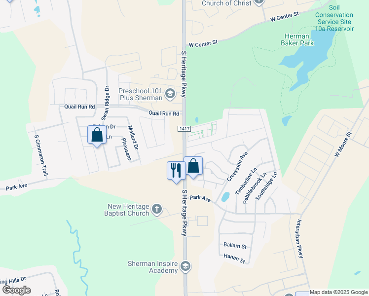 map of restaurants, bars, coffee shops, grocery stores, and more near 1454 South Heritage Parkway in Sherman