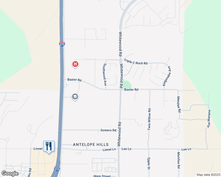 map of restaurants, bars, coffee shops, grocery stores, and more near 28450 Baxter Road in Menifee