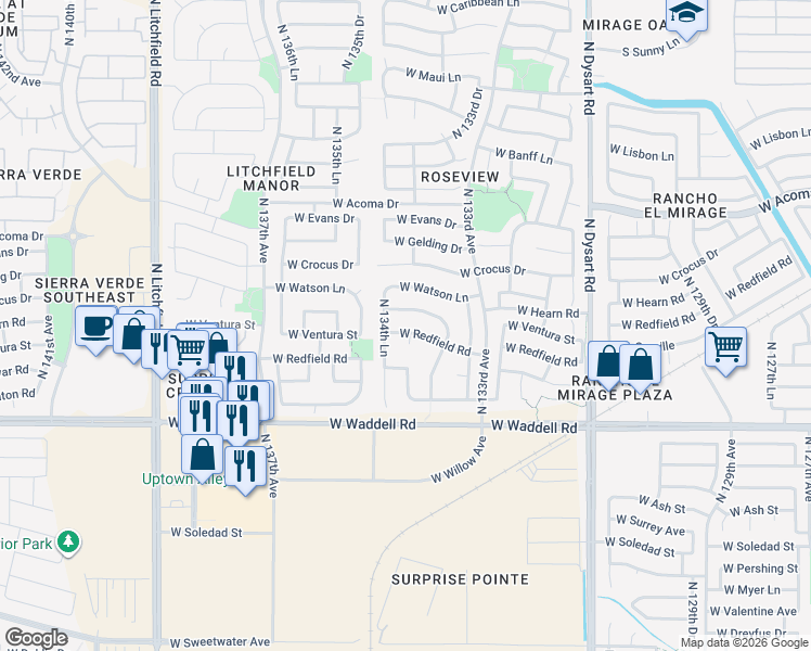 map of restaurants, bars, coffee shops, grocery stores, and more near 14123 North 134th Lane in Surprise