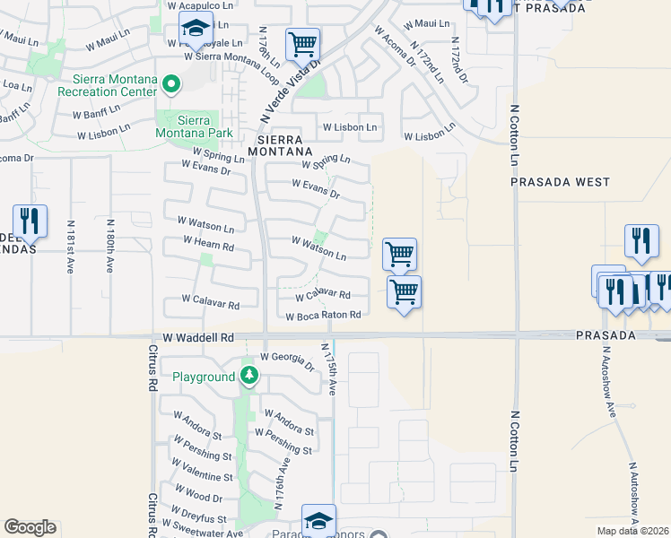 map of restaurants, bars, coffee shops, grocery stores, and more near 17475 West Ventura Street in Surprise