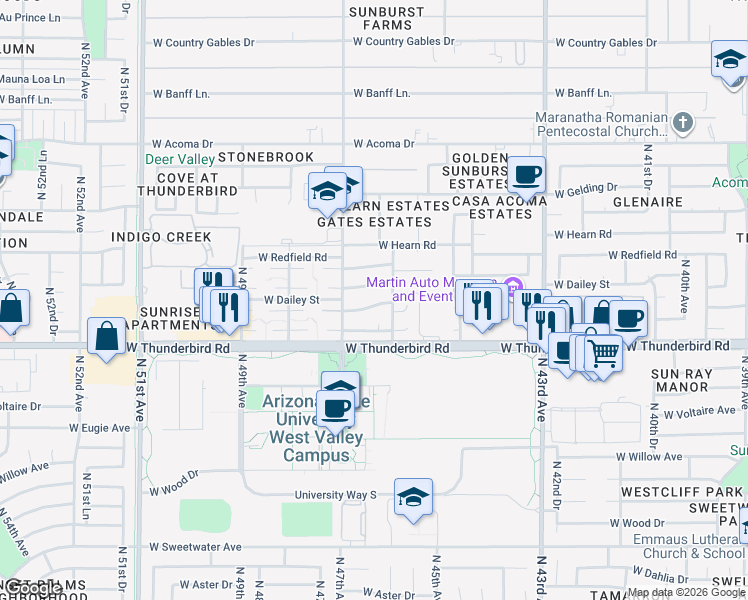 map of restaurants, bars, coffee shops, grocery stores, and more near 4616 West Calavar Road in Glendale