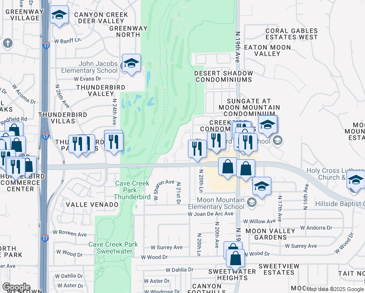 map of restaurants, bars, coffee shops, grocery stores, and more near 2140 West Thunderbird Road in Phoenix