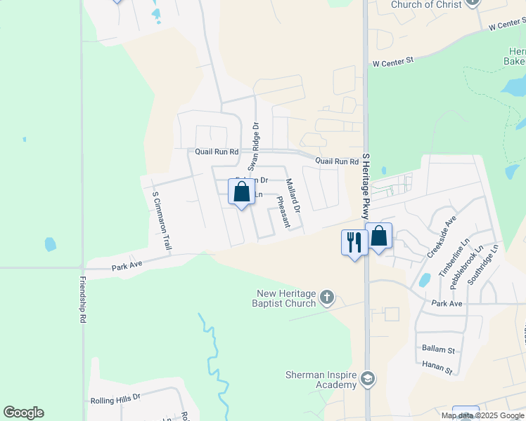 map of restaurants, bars, coffee shops, grocery stores, and more near 1406 Raven Drive West in Sherman