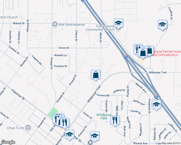 map of restaurants, bars, coffee shops, grocery stores, and more near Baxter Road in Wildomar