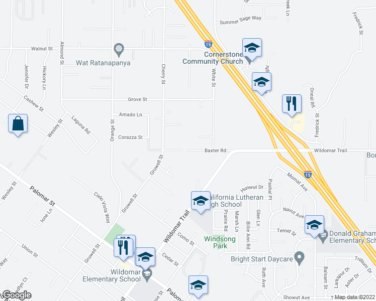 map of restaurants, bars, coffee shops, grocery stores, and more near Baxter Road in Wildomar