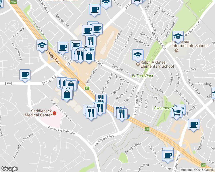 map of restaurants, bars, coffee shops, grocery stores, and more near 24561 Ansdell Circle in Lake Forest
