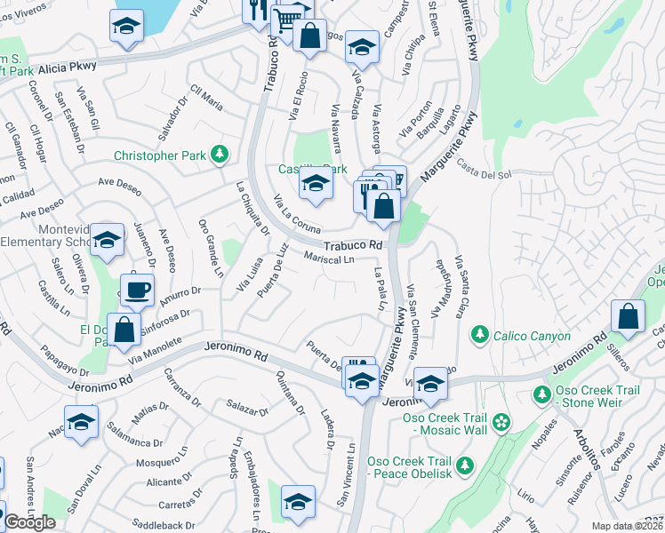 map of restaurants, bars, coffee shops, grocery stores, and more near 27126 Mariscal Lane in Mission Viejo