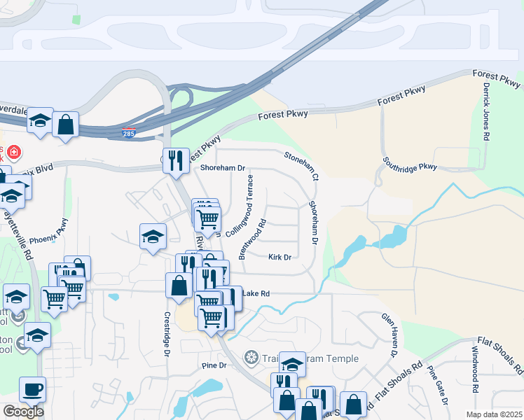 map of restaurants, bars, coffee shops, grocery stores, and more near 5249 Brentwood Road in Atlanta