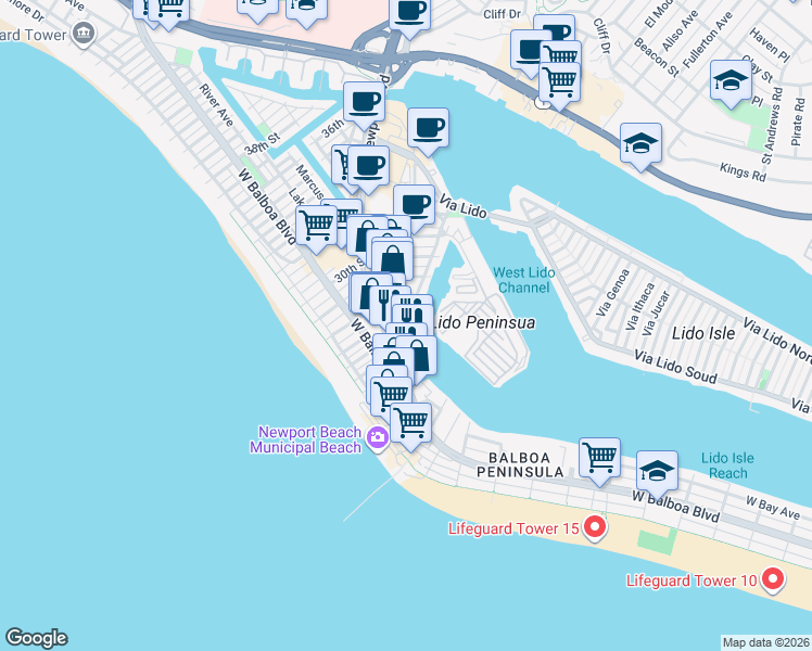 map of restaurants, bars, coffee shops, grocery stores, and more near 2600 Newport Boulevard in Newport Beach