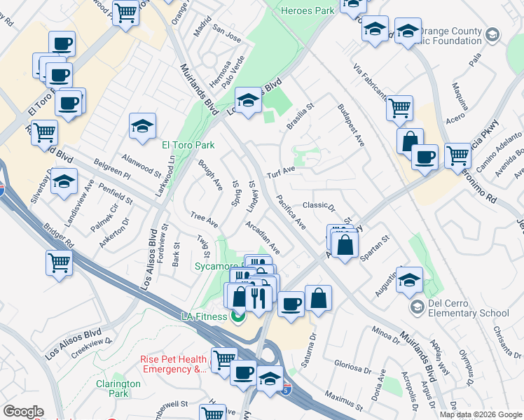 map of restaurants, bars, coffee shops, grocery stores, and more near 25242 Parthenon Avenue in Mission Viejo