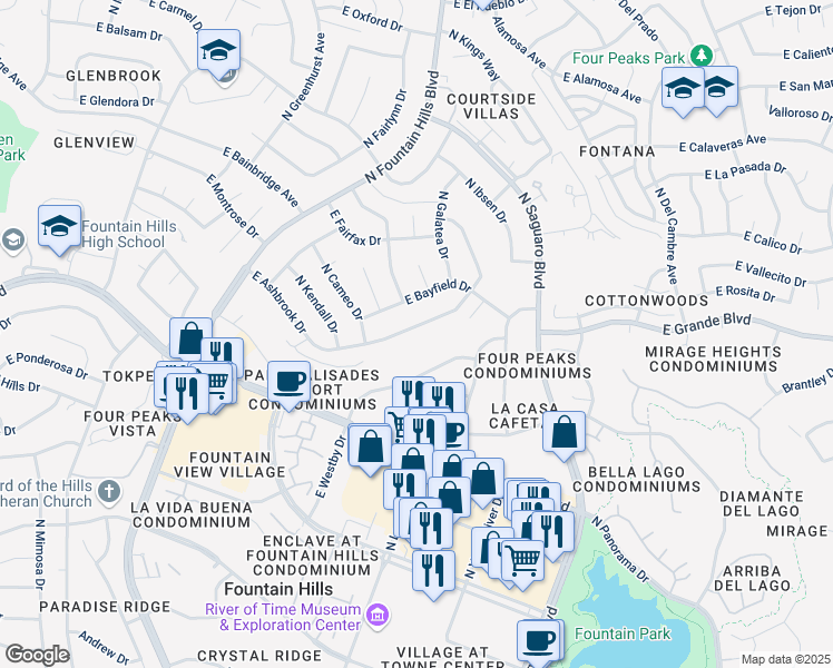 map of restaurants, bars, coffee shops, grocery stores, and more near 16647 East Ashbrook Drive in Fountain Hills
