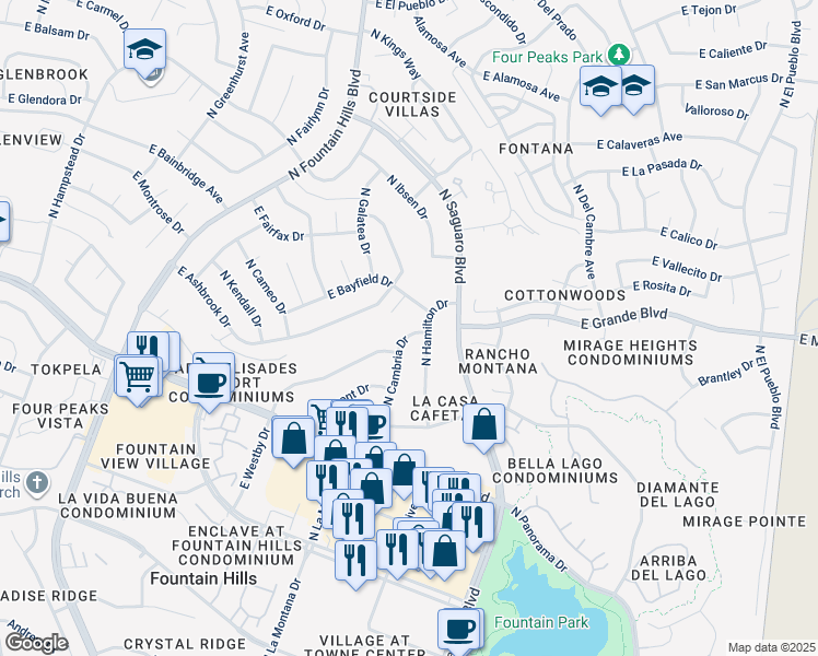 map of restaurants, bars, coffee shops, grocery stores, and more near 13814 North Hamilton Drive in Fountain Hills