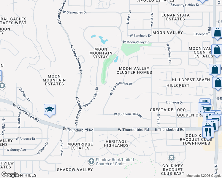 map of restaurants, bars, coffee shops, grocery stores, and more near 501 West Tam Oshanter Drive in Phoenix