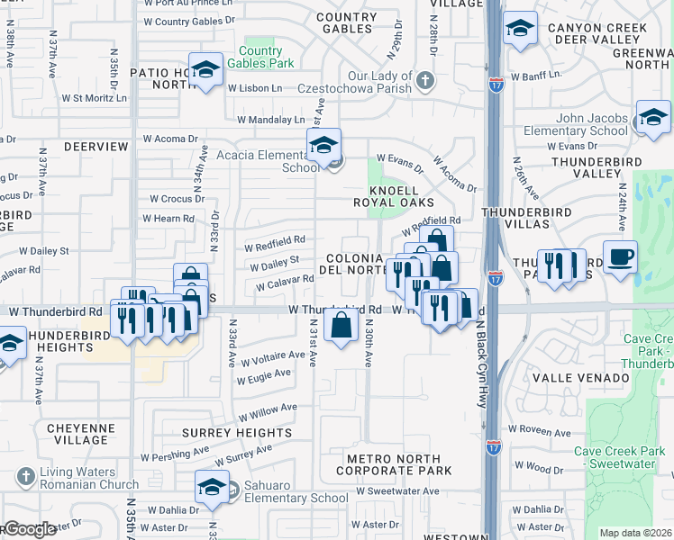 map of restaurants, bars, coffee shops, grocery stores, and more near 13820 North 30th Drive in Phoenix