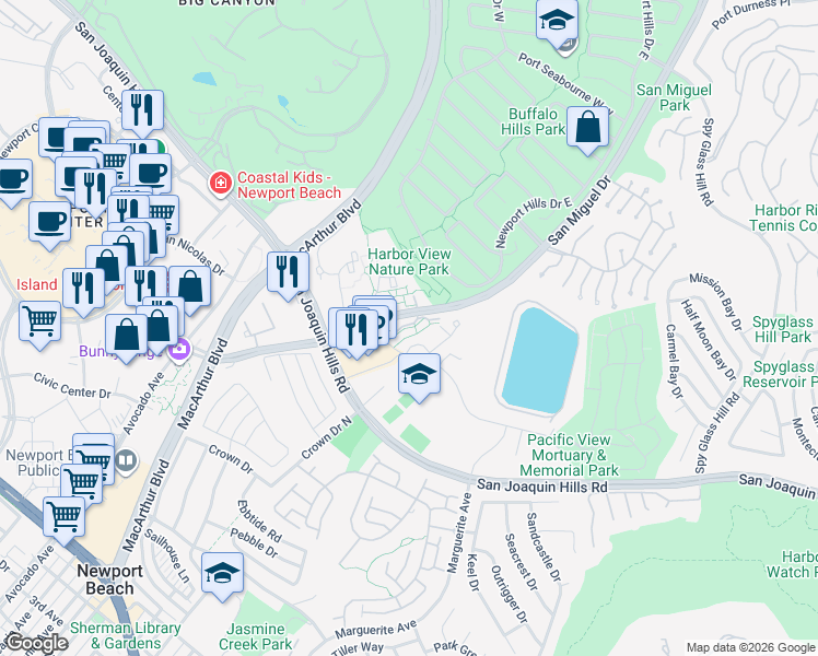 map of restaurants, bars, coffee shops, grocery stores, and more near 202 Harbor Woods Place in Newport Beach